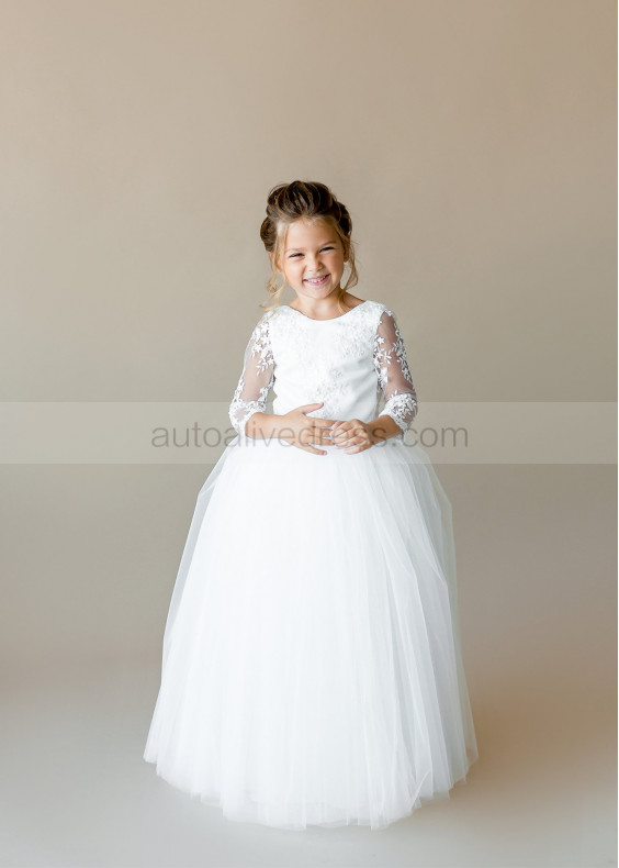 Three Quarter Sleeves Ivory Lace Tulle Sheer Back Flower Girl Dress